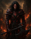 GRID THUMBNAIL — Armoured demonic warrior with glowing red fissures grips a bloodied double-headed axe amid burning ruins, embers and smoke lighting his grim face.