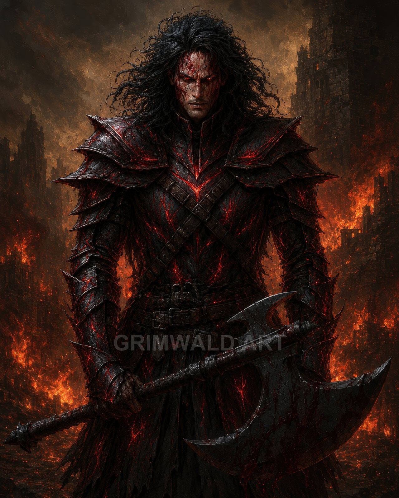 Dark-haired armoured warrior with glowing red fissures grips a bloodied double-headed axe before blazing ruins, smoke and embers lighting a hellish city.