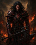 GRID THUMBNAIL — Dark-haired armoured warrior with glowing red fissures grips a bloodied double-headed axe before blazing ruins, smoke and embers lighting a hellish city.