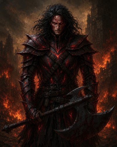 GRID THUMBNAIL — Dark-haired armoured warrior with glowing red fissures grips a bloodied double-headed axe before blazing ruins, smoke and embers lighting a hellish city.