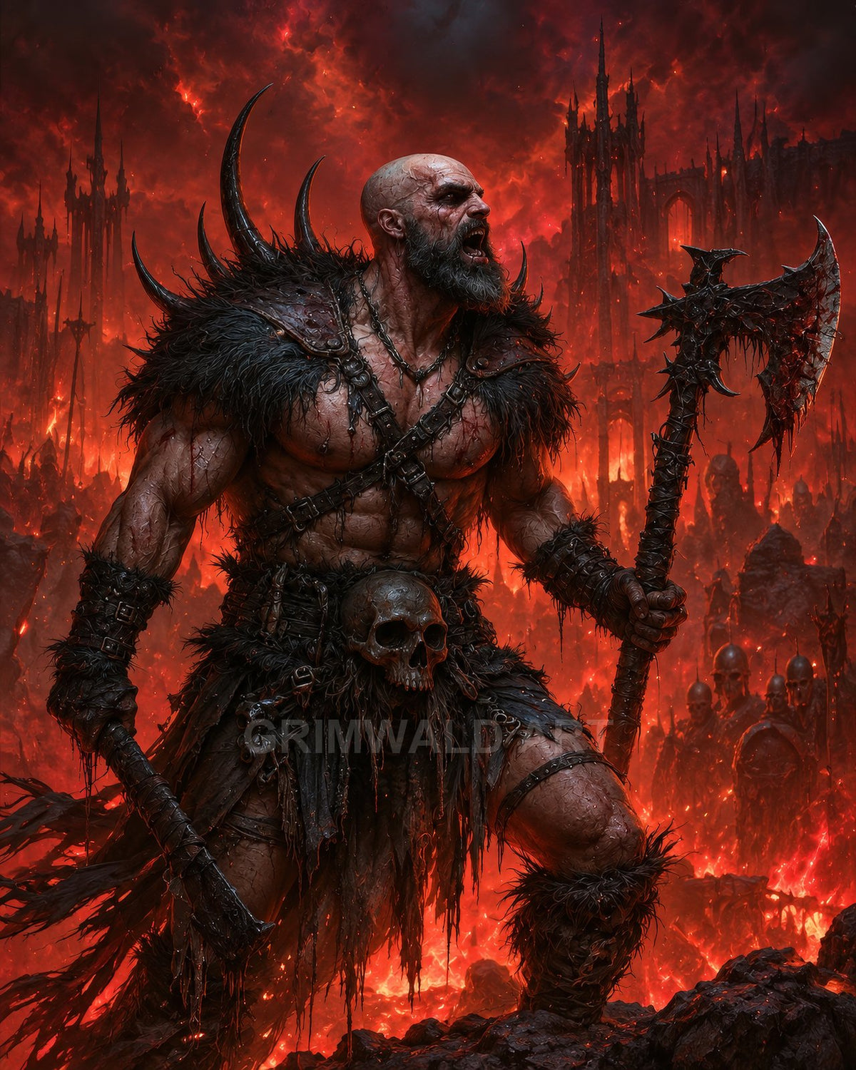 Muscular bald barbarian in spiked fur armour roaring and wielding a massive battle axe before hellish black spires and lava-lit ruins.