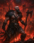 GRID THUMBNAIL — Muscular bald barbarian in spiked fur armour roaring and wielding a massive battle axe before hellish black spires and lava-lit ruins.