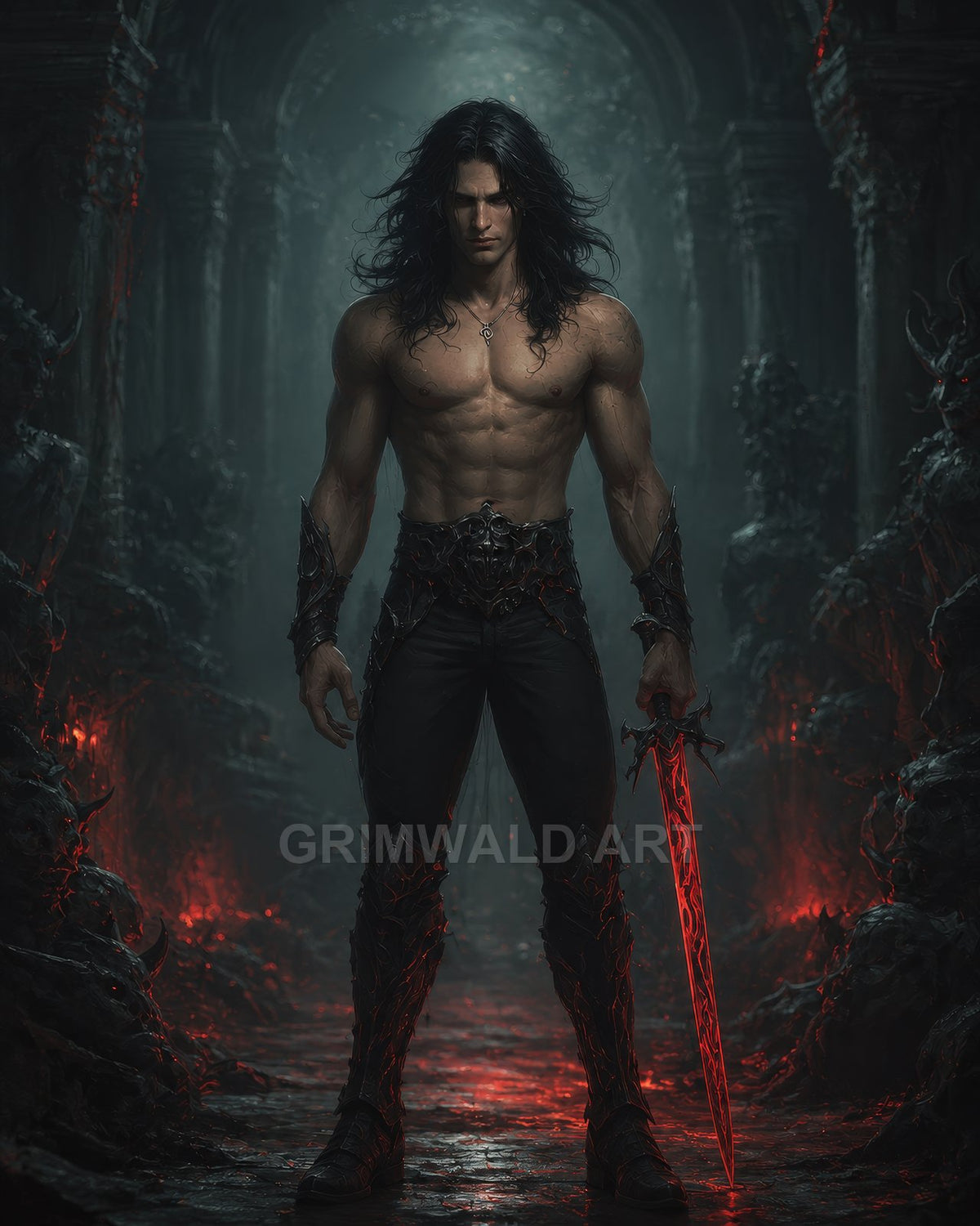 Shirtless dark-haired male warrior stands in a ruined gothic hall, holding a glowing red sword amid smoky shadows and ember-lit stone.
