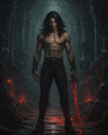 GRID THUMBNAIL — Shirtless dark-haired male warrior stands in a ruined gothic hall, holding a glowing red sword amid smoky shadows and ember-lit stone.