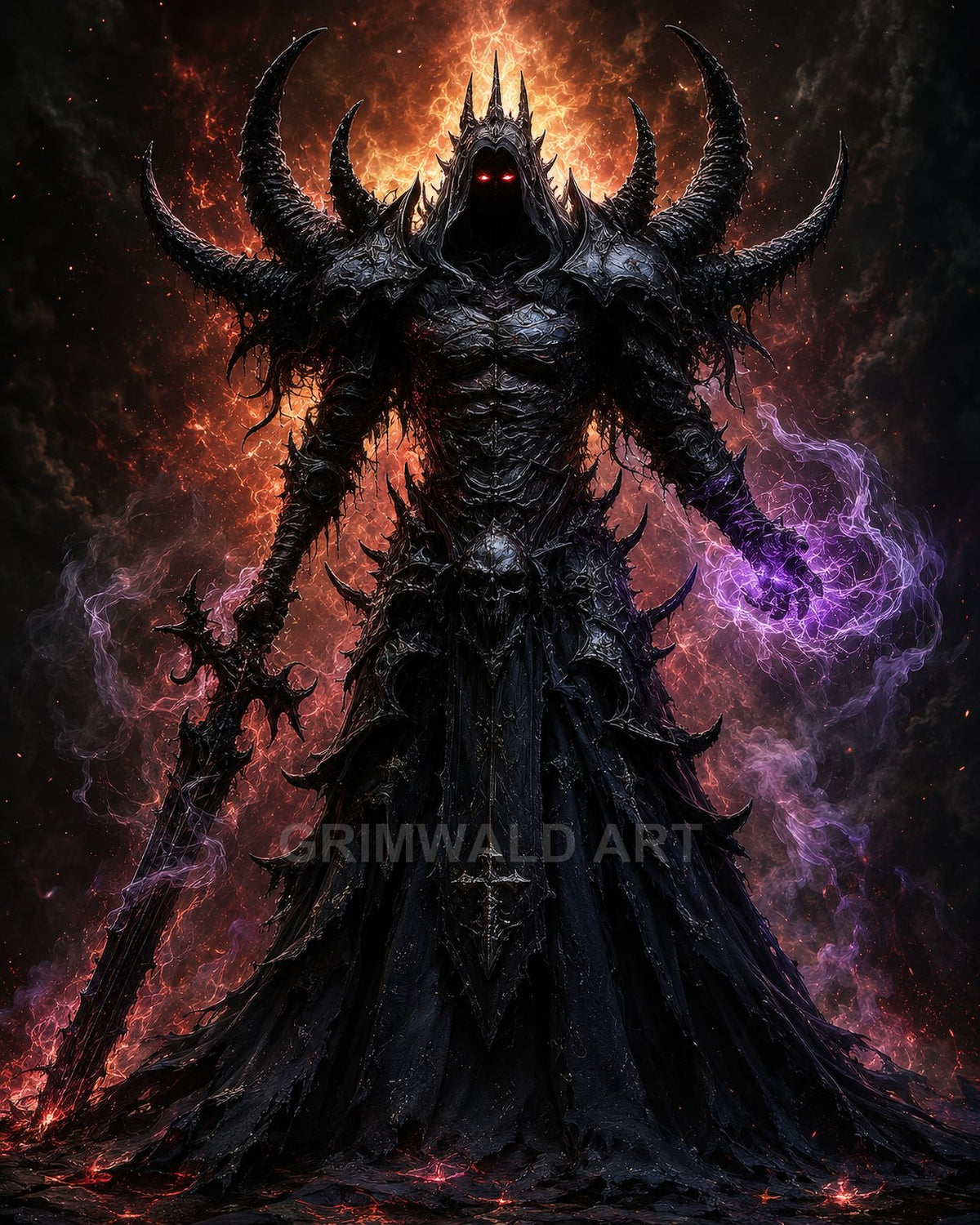 Armoured demonic figure with glowing red eyes holds a barbed sword and conjures purple energy, framed by a fiery halo and smoke.