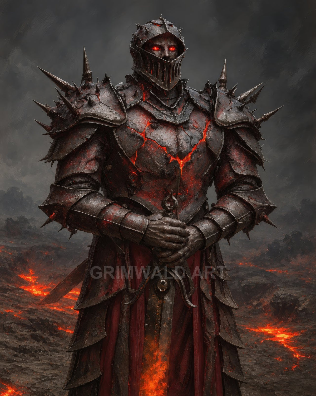Armoured demonic knight with glowing red eyes and lava-cracked black plate holds a sword amid a smouldering volcanic wasteland under dark skies.