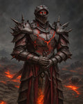 GRID THUMBNAIL — Armoured demonic knight with glowing red eyes and lava-cracked black plate holds a sword amid a smouldering volcanic wasteland under dark skies.