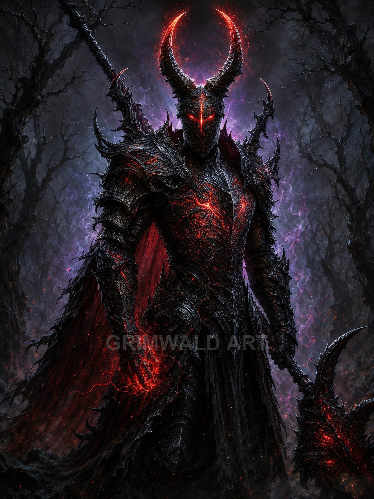 Armoured demon knight with towering horned helm and glowing red core wields a spiked axe in a dead forest under eerie purple night.