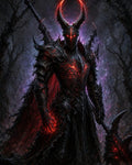 GRID THUMBNAIL — Armoured demon knight with towering horned helm and glowing red core wields a spiked axe in a dead forest under eerie purple night.
