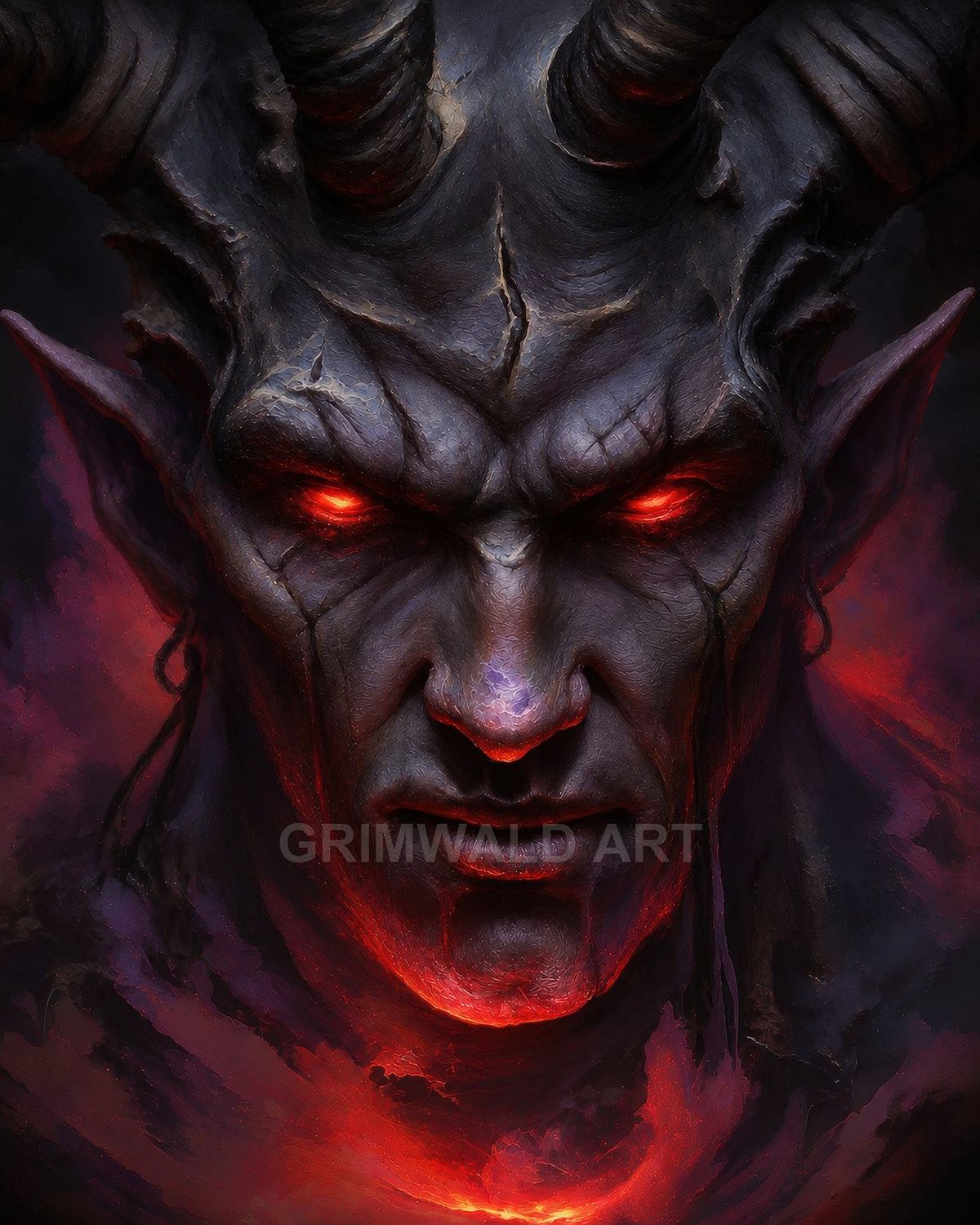 Close-up portrait of a horned demon with glowing red eyes, cracked grey skin, pointed ears, and firelit smoke swirling around an ominous face.