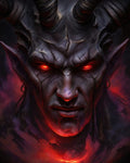 GRID THUMBNAIL — Close-up portrait of a horned demon with glowing red eyes, cracked grey skin, pointed ears, and firelit smoke swirling around an ominous face.