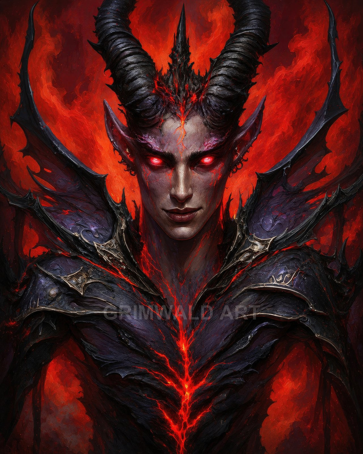 Portrait of a horned demon with glowing red eyes and spiked black armour, lava-like cracks across the body, framed by roaring flames.