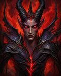 GRID THUMBNAIL — Portrait of a horned demon with glowing red eyes and spiked black armour, lava-like cracks across the body, framed by roaring flames.