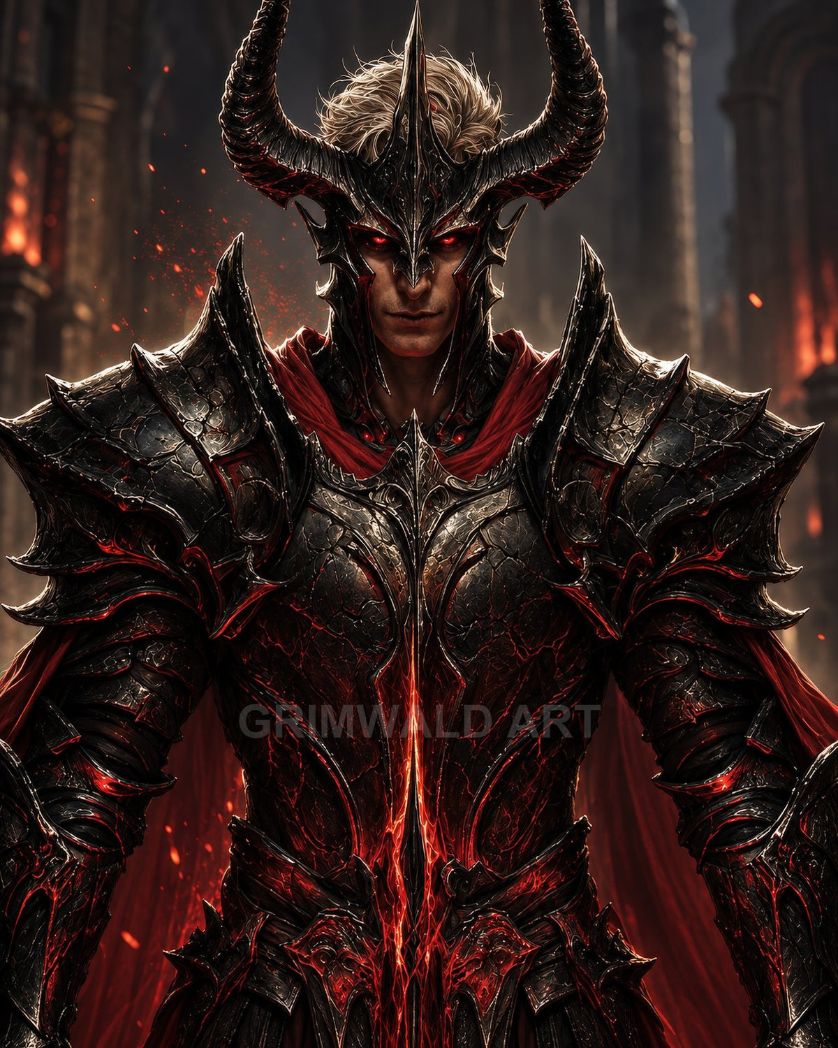 Dark fantasy portrait of a male knight in horned black armour with glowing red veins, red eyes, and a firelit gothic cathedral background.