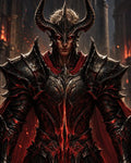 GRID THUMBNAIL — Dark fantasy portrait of a male knight in horned black armour with glowing red veins, red eyes, and a firelit gothic cathedral background.