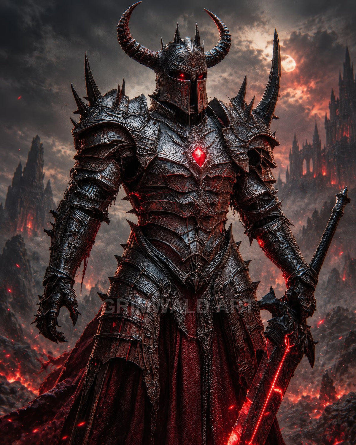 Armoured dark knight with horned helmet and glowing red eyes holds a rune-lit sword before a fiery castle amid ash and lava.