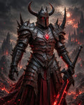 GRID THUMBNAIL — Armoured dark knight with horned helmet and glowing red eyes holds a rune-lit sword before a fiery castle amid ash and lava.