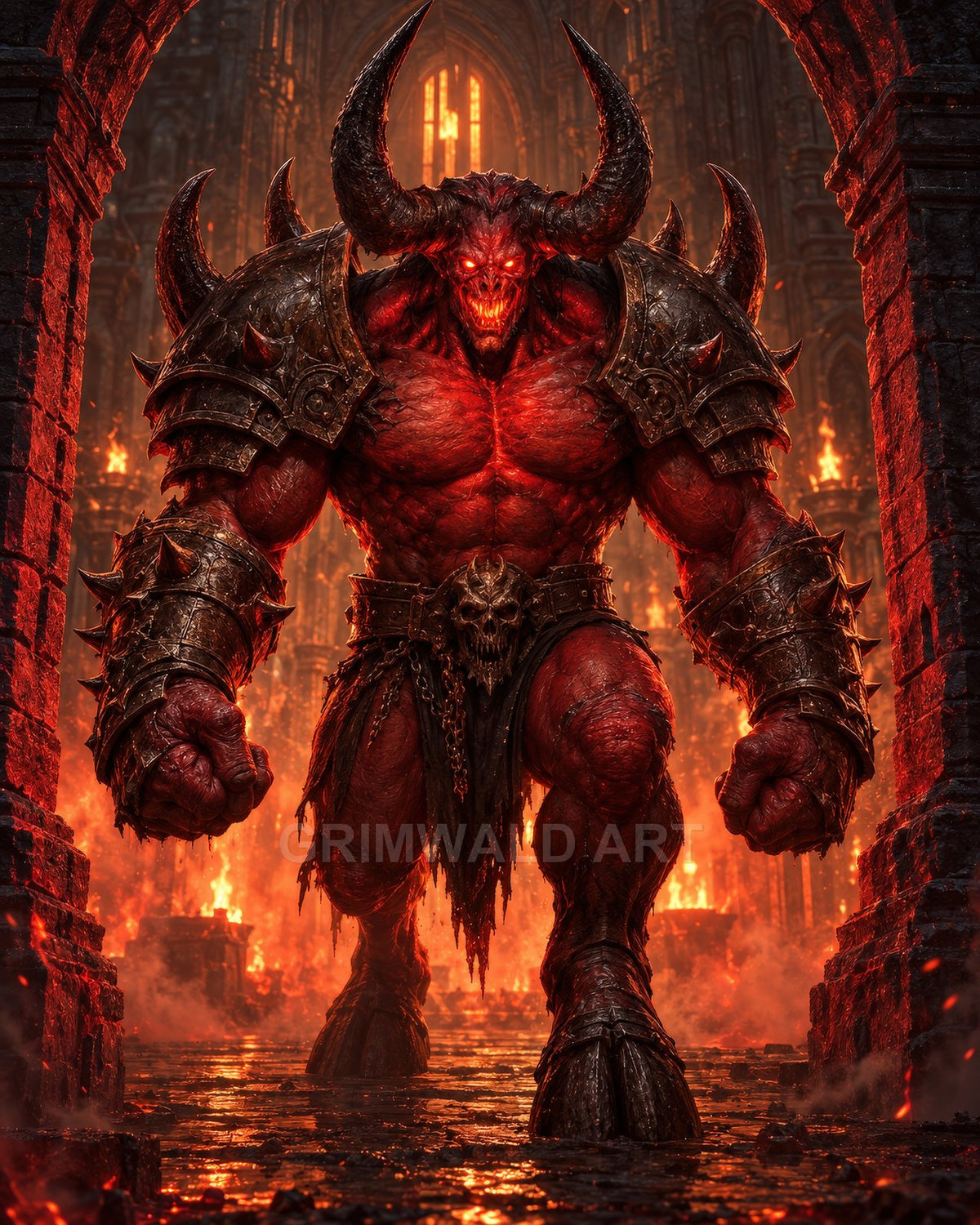 Towering red horned demon in spiked armour strides through a burning gothic cathedral, glowing eyes and clenched fists amid flames and smoke.