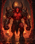 GRID THUMBNAIL — Towering red horned demon in spiked armour strides through a burning gothic cathedral, glowing eyes and clenched fists amid flames and smoke.