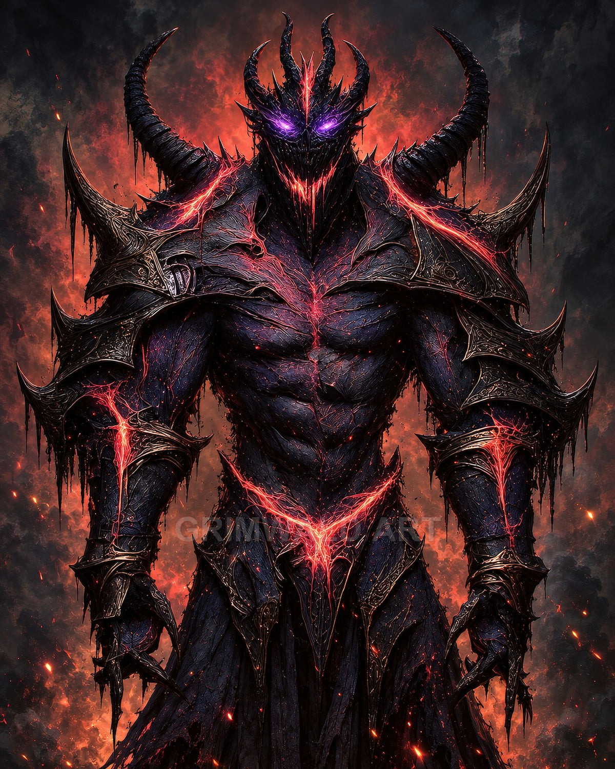 Armoured horned demon with glowing purple eyes and lava-like cracks stands amid drifting embers and smoke, towering forward with a sinister, firelit presence.