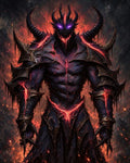 GRID THUMBNAIL — Armoured horned demon with glowing purple eyes and lava-like cracks stands amid drifting embers and smoke, towering forward with a sinister, firelit presence.