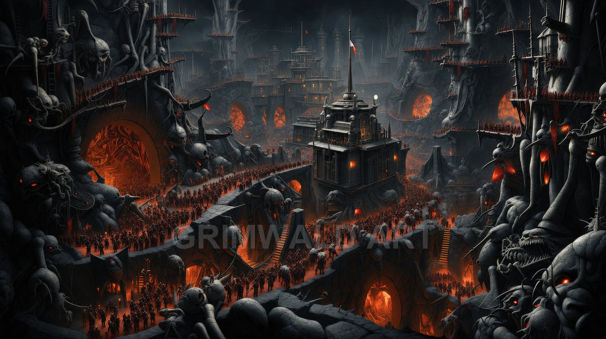 Hellish cavern city with gothic towers, skull-like rock faces, glowing orange firelight, and endless crowds processing along bridges and stairways into vast archways.
