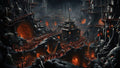 GRID THUMBNAIL — Hellish cavern city with gothic towers, skull-like rock faces, glowing orange firelight, and endless crowds processing along bridges and stairways into vast archways.