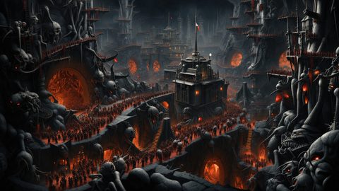 GRID THUMBNAIL — Hellish cavern city with gothic towers, skull-like rock faces, glowing orange firelight, and endless crowds processing along bridges and stairways into vast archways.