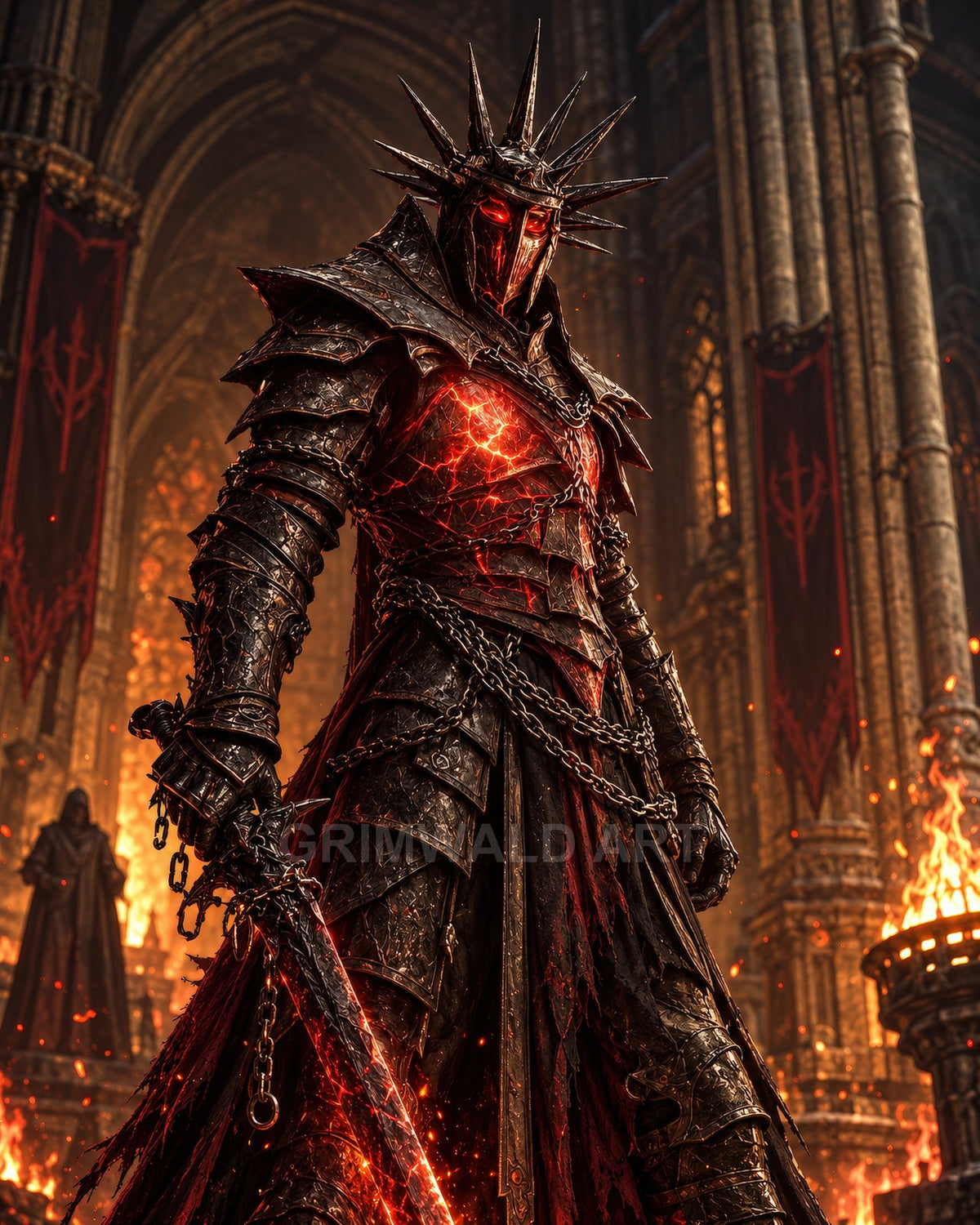 A demonic armoured death knight with spiked helm and burning sword stands amid chains and fire inside a vast gothic cathedral, glowing red cracks.