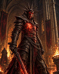 GRID THUMBNAIL — A demonic armoured death knight with spiked helm and burning sword stands amid chains and fire inside a vast gothic cathedral, glowing red cracks.