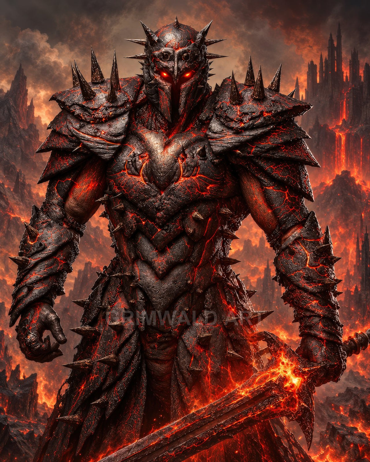 A towering demon knight in spiked, lava-cracked armour holds a flaming greatsword before a volcanic fortress and rivers of fire under smoky skies.