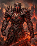 GRID THUMBNAIL — A towering demon knight in spiked, lava-cracked armour holds a flaming greatsword before a volcanic fortress and rivers of fire under smoky skies.