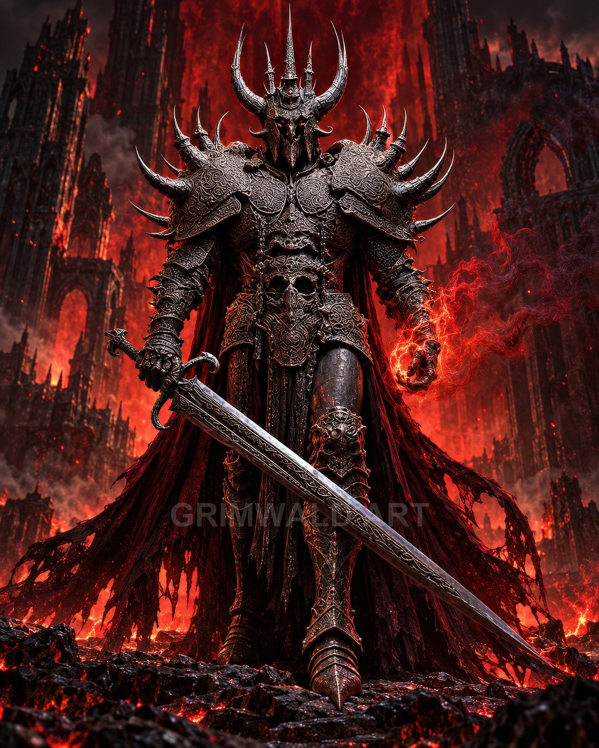 A towering horned death knight in ornate spiked armour holds a rune-etched sword amid lava and a burning gothic fortress, lit by red fire.