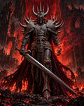 GRID THUMBNAIL — A towering horned death knight in ornate spiked armour holds a rune-etched sword amid lava and a burning gothic fortress, lit by red fire.