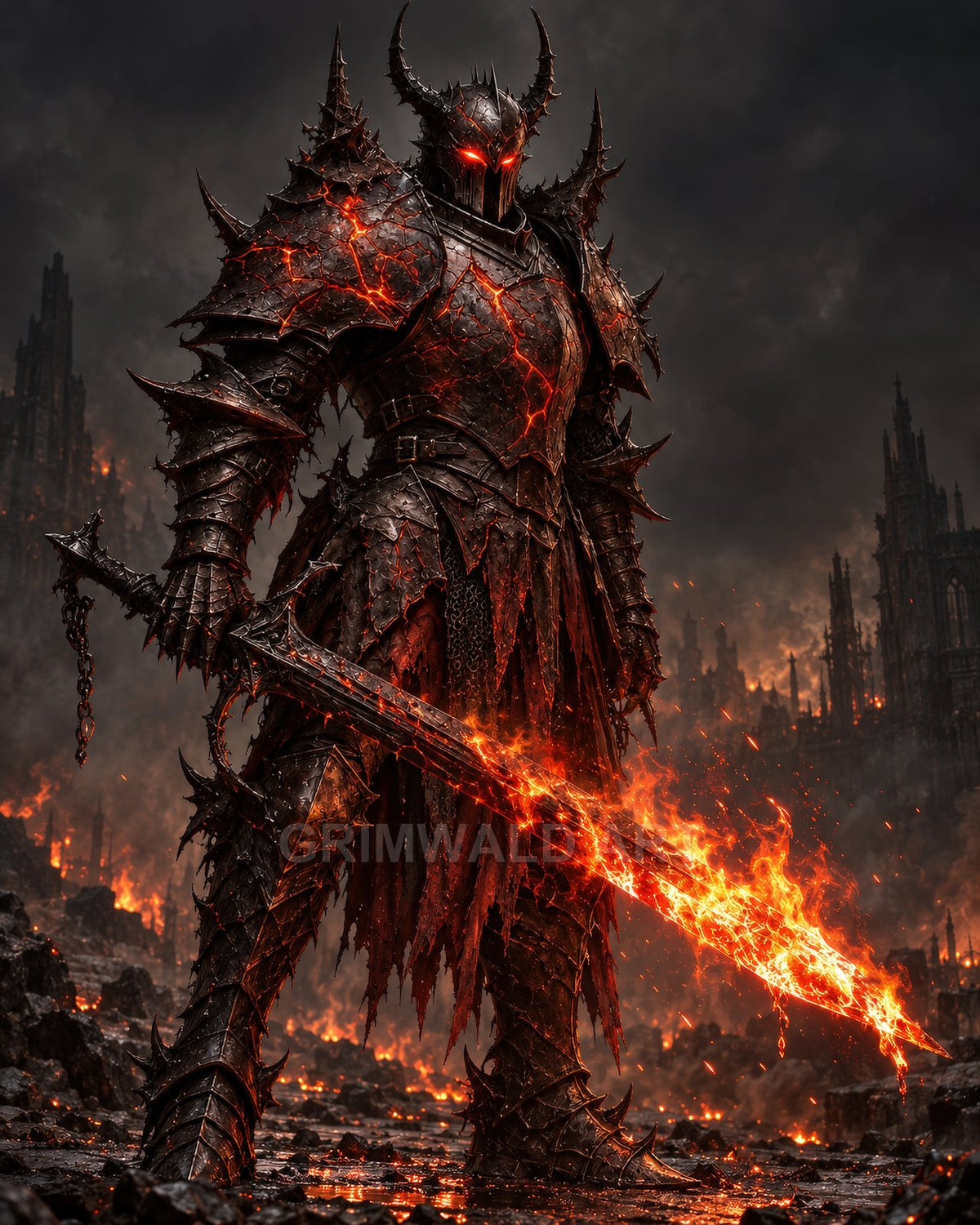 Towering demonic knight in jagged black armour with glowing cracks, wielding a flaming sword amid smouldering ruins and dark stormy skies.