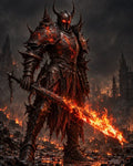 GRID THUMBNAIL — Towering demonic knight in jagged black armour with glowing cracks, wielding a flaming sword amid smouldering ruins and dark stormy skies.