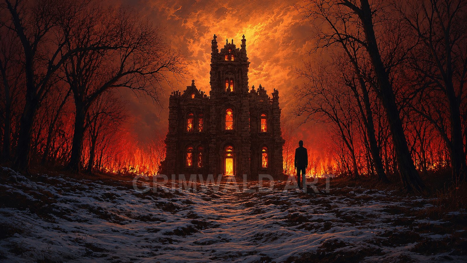 A gothic stone mansion ablaze amid a leafless forest, orange firelight pouring from windows under a turbulent sky, with snow patches along a winding path.