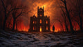 GRID THUMBNAIL — A gothic stone mansion ablaze amid a leafless forest, orange firelight pouring from windows under a turbulent sky, with snow patches along a winding path.
