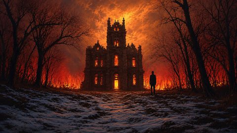 GRID THUMBNAIL — A gothic stone mansion ablaze amid a leafless forest, orange firelight pouring from windows under a turbulent sky, with snow patches along a winding path.