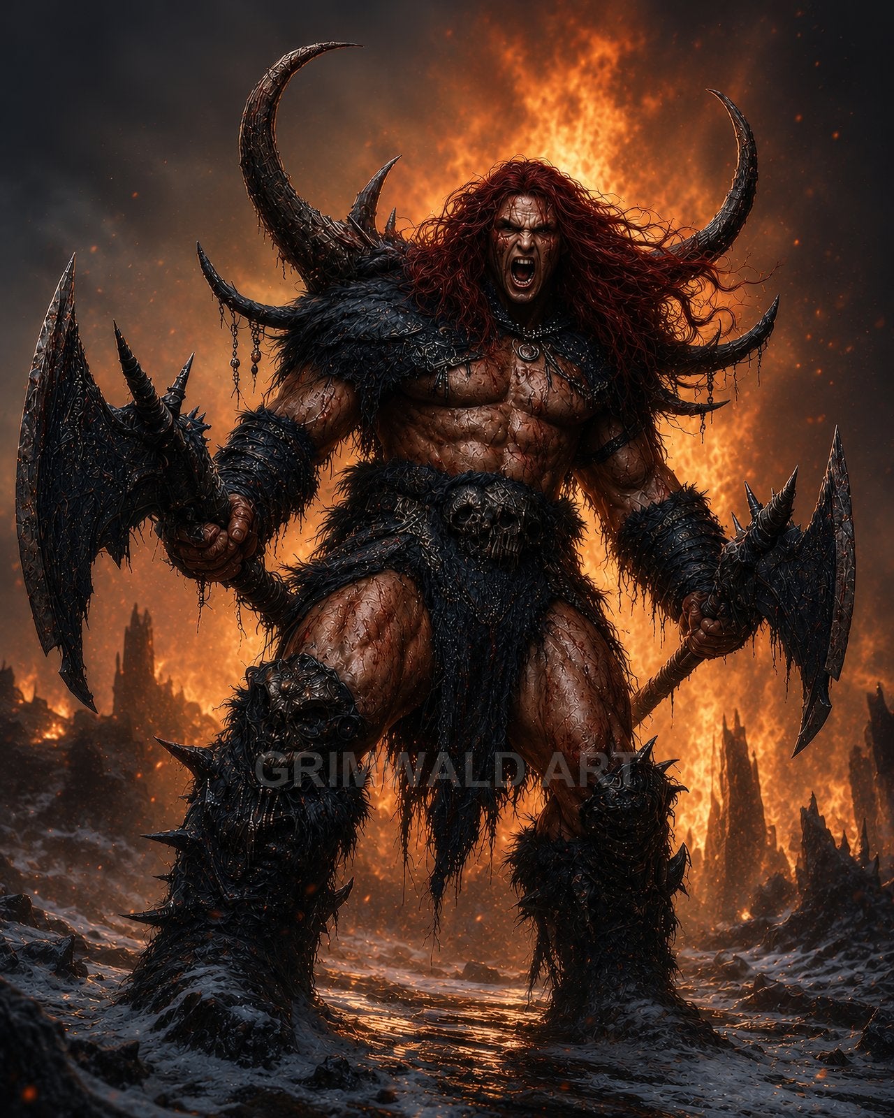 Muscular red-haired barbarian in horned armour roars while brandishing two spiked axes against a blazing inferno of fire and jagged black rocks.