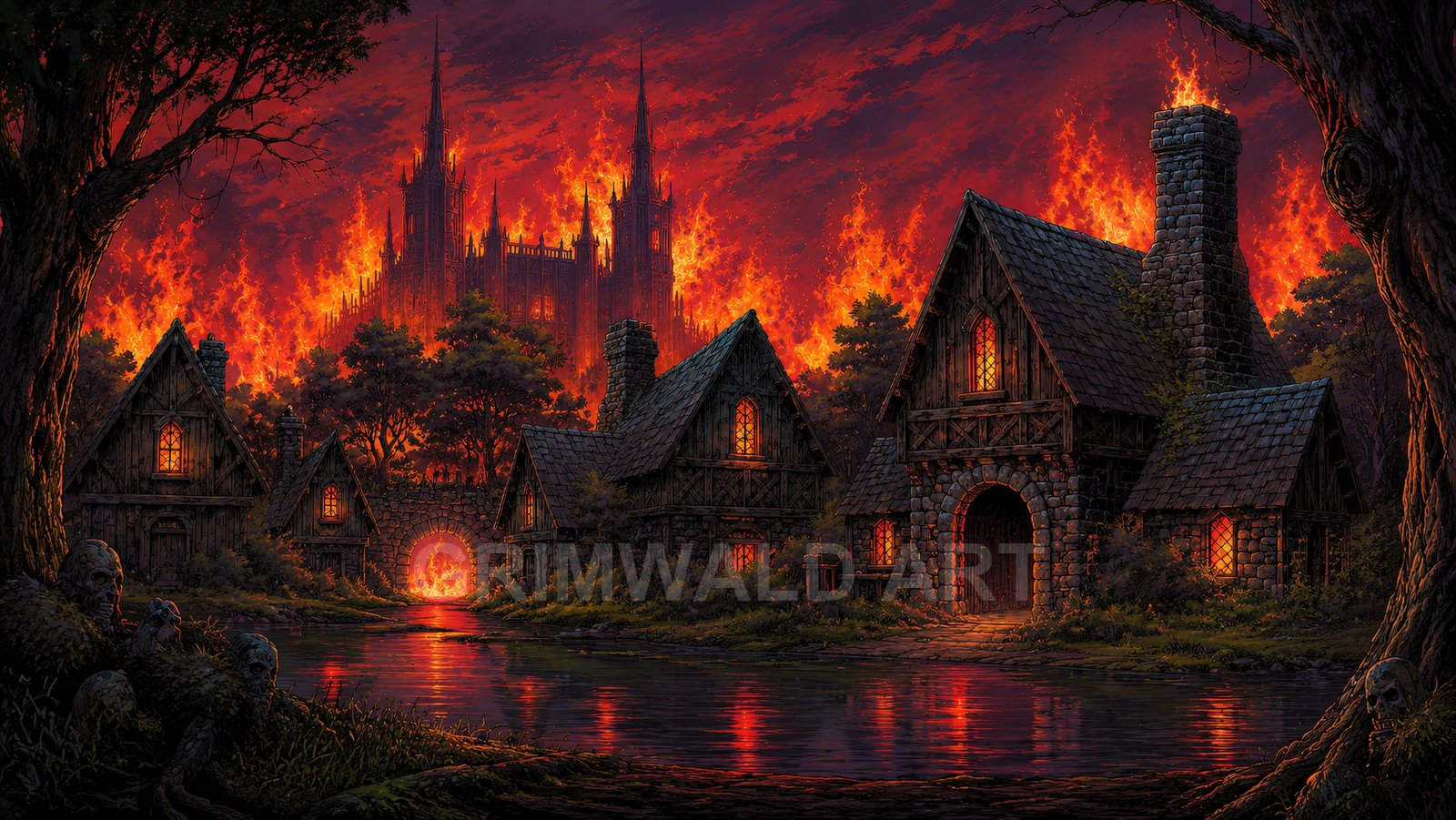 Medieval riverside village at night with timber cottages and a distant gothic cathedral engulfed in towering flames, reflections glowing on dark water.