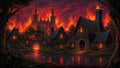 GRID THUMBNAIL — Medieval riverside village at night with timber cottages and a distant gothic cathedral engulfed in towering flames, reflections glowing on dark water.