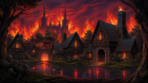 GRID THUMBNAIL — Medieval riverside village at night with timber cottages and a distant gothic cathedral engulfed in towering flames, reflections glowing on dark water.