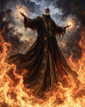 GRID THUMBNAIL — An aged bearded wizard in ornate dark robes summons blazing fireballs amid swirling storm clouds, standing within a ring of roaring flames.