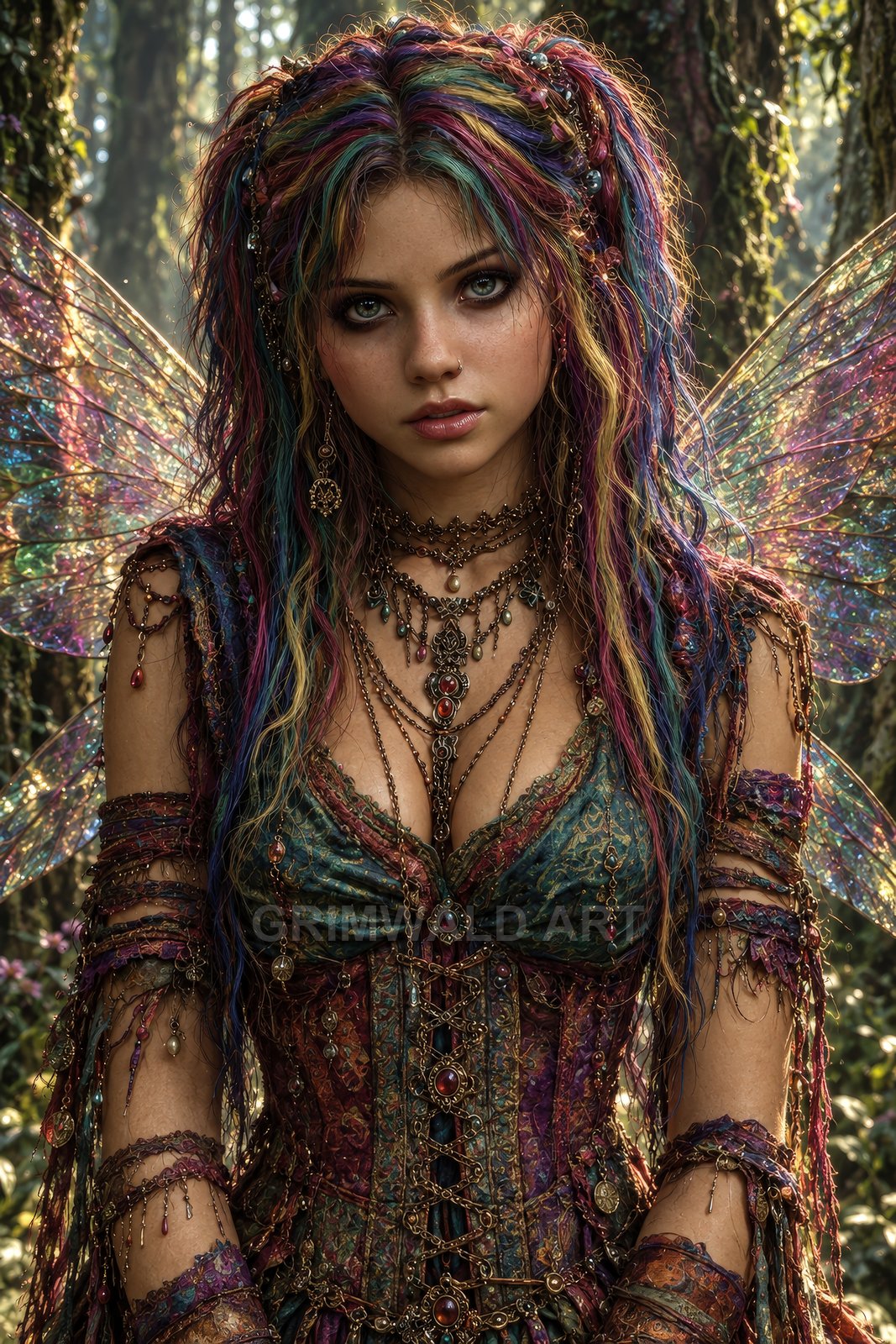 Portrait of a rainbow-haired forest fairy with iridescent wings, ornate jewellery and embroidered corset, bathed in warm golden light among mossy trees.