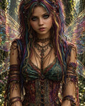 GRID THUMBNAIL — Portrait of a rainbow-haired forest fairy with iridescent wings, ornate jewellery and embroidered corset, bathed in warm golden light among mossy trees.
