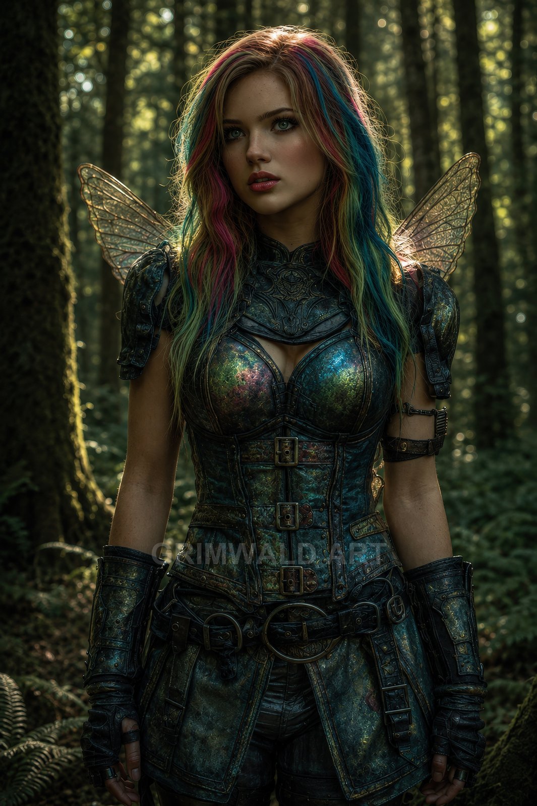 Armoured fairy with rainbow hair and translucent wings stands in a sunlit forest, wearing iridescent teal armour and leather bracers, gazing alertly.
