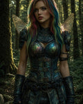 GRID THUMBNAIL — Armoured fairy with rainbow hair and translucent wings stands in a sunlit forest, wearing iridescent teal armour and leather bracers, gazing alertly.
