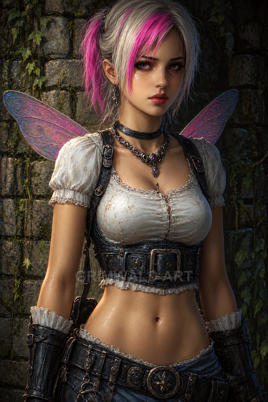 Close-up portrait of a pink-streaked silver-haired fairy with iridescent wings, leather armour, and jewelled necklace, standing before ivy-covered stone ruins.