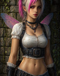 GRID THUMBNAIL — Close-up portrait of a pink-streaked silver-haired fairy with iridescent wings, leather armour, and jewelled necklace, standing before ivy-covered stone ruins.